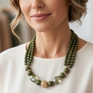 NEW Cato Olive Green & Gold Multi-Strand Statement Necklace Elegant Beaded